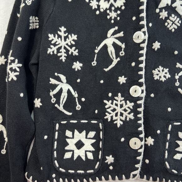 Vtg Michael Simon NYC Sz L Cardigan Sweater Snowflake Ski Black Embroidered 1995 - Picture 3 of 10